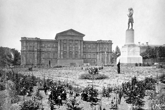 Early image of Australian Museum exterior from Hyde Park.