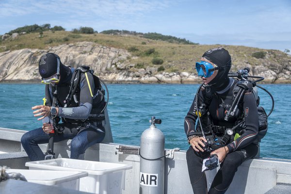 Research divers preparing to enter the water at Lizard Island in 2023. Researchers from the 1970s would marvel at the dive computers and digital camera technology used today, but they would recognise the basic dive gear.